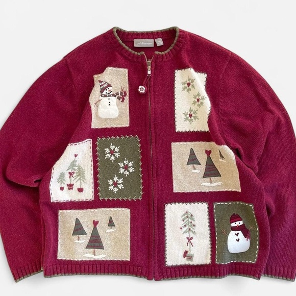 croft & barrow Sweaters - Croft & Barrow Burgundy Knit Embroidered Patchwork Snowman Winter Cardigan XL